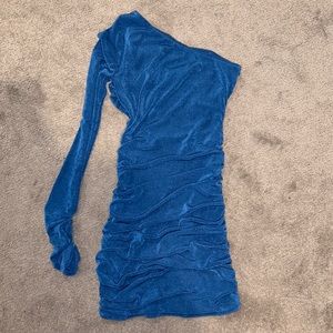 blue one shoulder mini dress